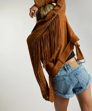 Whiskey Fringed Studded Suede Jacket - Brown
