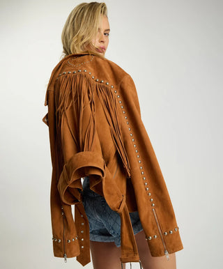 Whiskey Fringed Studded Suede Jacket - Brown