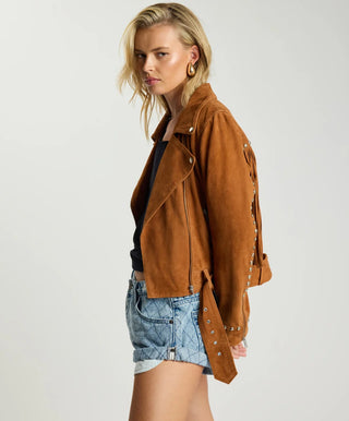 Whiskey Fringed Studded Suede Jacket - Brown