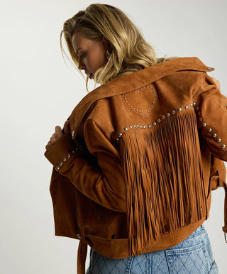 Whiskey Fringed Studded Suede Jacket - Brown