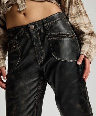 Atlas Carrot Leg Mid Waist Leather Pants - Worn Black