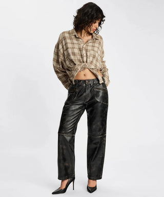 Atlas Carrot Leg Mid Waist Leather Pants - Worn Black