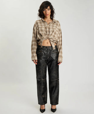 Atlas Carrot Leg Mid Waist Leather Pants - Worn Black