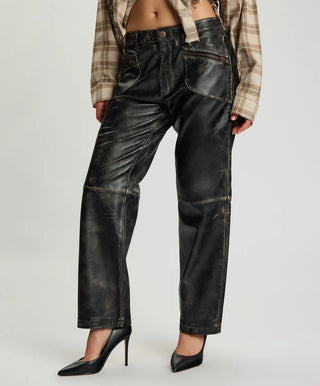 Atlas Carrot Leg Mid Waist Leather Pants - Worn Black