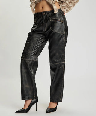 Atlas Carrot Leg Mid Waist Leather Pants - Worn Black