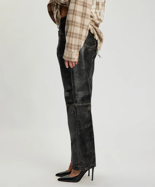 Atlas Carrot Leg Mid Waist Leather Pants - Worn Black