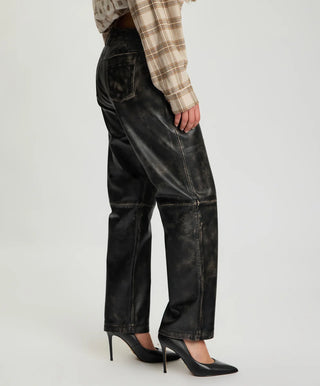 Atlas Carrot Leg Mid Waist Leather Pants - Worn Black