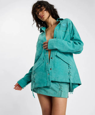 Cross My Heart Laced Suede Jacket - Mint Green