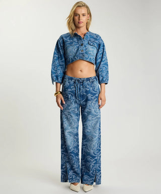 Roadhouse Mid Waist Wide Leg Drawstring Denim Jeans - Soaring Jacquard Blue