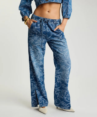 Roadhouse Mid Waist Wide Leg Drawstring Denim Jeans - Soaring Jacquard Blue