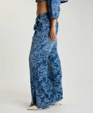Roadhouse Mid Waist Wide Leg Drawstring Denim Jeans - Soaring Jacquard Blue