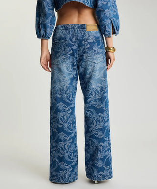 Roadhouse Mid Waist Wide Leg Drawstring Denim Jeans - Soaring Jacquard Blue