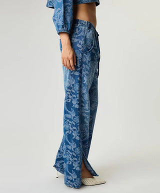 Roadhouse Mid Waist Wide Leg Drawstring Denim Jeans - Soaring Jacquard Blue
