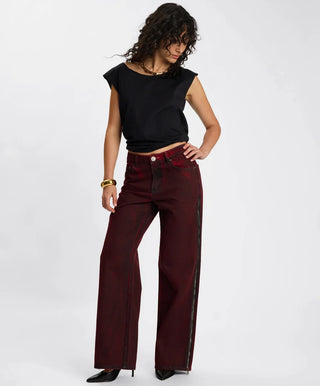 Jackson Mid Waist Wide Leg Denim Jeans - Oil Stained Maroon