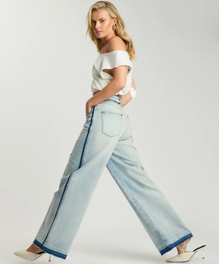 Love Machines Mid Waist Super Wide Leg Denim Jeans - Split Party Contrast Blue