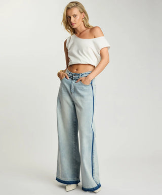 Love Machines Mid Waist Super Wide Leg Denim Jeans - Split Party Contrast Blue