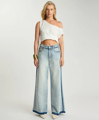 Love Machines Mid Waist Super Wide Leg Denim Jeans - Split Party Contrast Blue