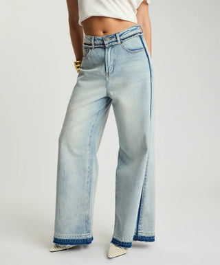 Love Machines Mid Waist Super Wide Leg Denim Jeans - Split Party Contrast Blue