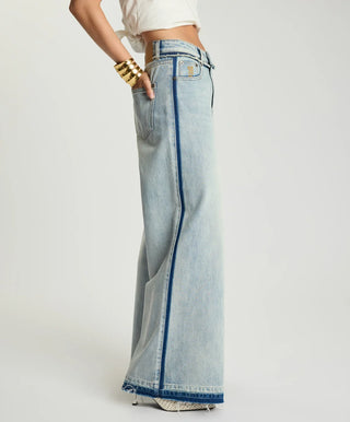 Love Machines Mid Waist Super Wide Leg Denim Jeans - Split Party Contrast Blue