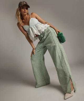 Love Machines Mid Waist Super Wide Leg Denim Jeans - Seaglass Green