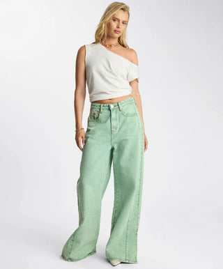 Love Machines Mid Waist Super Wide Leg Denim Jeans - Seaglass Green