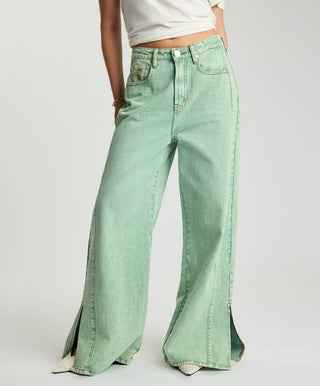 Love Machines Mid Waist Super Wide Leg Denim Jeans - Seaglass Green