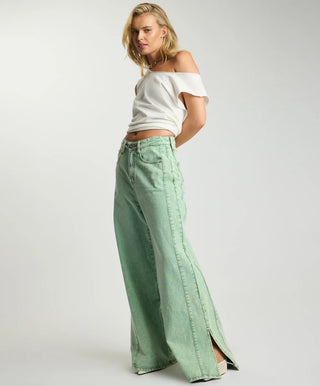 Love Machines Mid Waist Super Wide Leg Denim Jeans - Seaglass Green