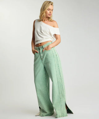 Love Machines Mid Waist Super Wide Leg Denim Jeans - Seaglass Green
