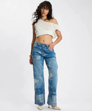 Low Riders Low Waist Wide Leg Denim Jeans - Torn Sky Blue
