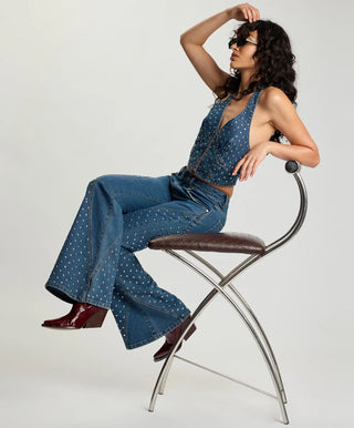 Chrome Edge Mid Waist Flared Studded Denim Jeans - Eclipse Blue
