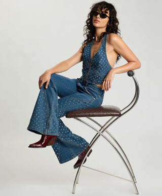 Chrome Edge Mid Waist Flared Studded Denim Jeans - Eclipse Blue