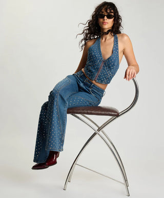 Chrome Edge Mid Waist Flared Studded Denim Jeans - Eclipse Blue