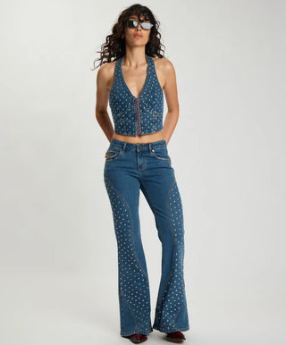 Chrome Edge Mid Waist Flared Studded Denim Jeans - Eclipse Blue
