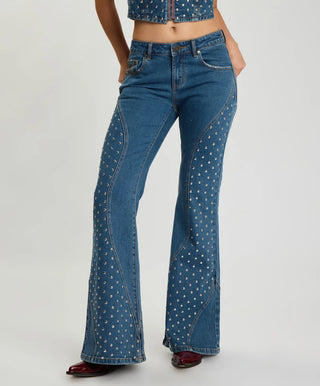 Chrome Edge Mid Waist Flared Studded Denim Jeans - Eclipse Blue