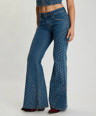 Chrome Edge Mid Waist Flared Studded Denim Jeans - Eclipse Blue