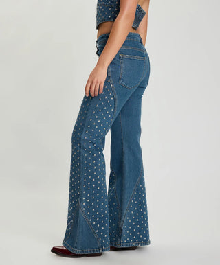 Chrome Edge Mid Waist Flared Studded Denim Jeans - Eclipse Blue