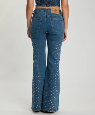 Chrome Edge Mid Waist Flared Studded Denim Jeans - Eclipse Blue