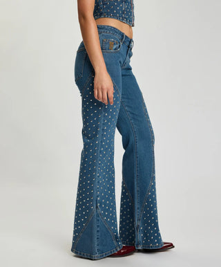 Chrome Edge Mid Waist Flared Studded Denim Jeans - Eclipse Blue