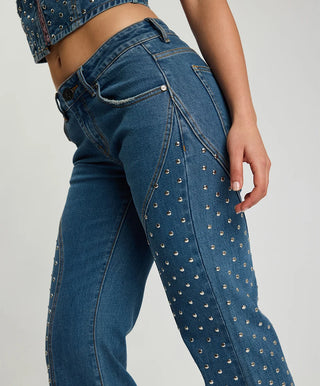 Chrome Edge Mid Waist Flared Studded Denim Jeans - Eclipse Blue