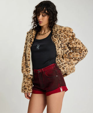 Catwalk Cropped Faux Fur Jacket - Leopard Print
