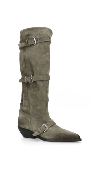 TAUPE ADJUSTABLE KNEE LEATHER BOOTS