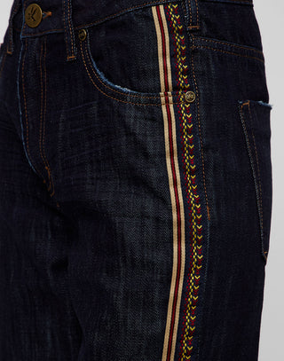 RAW INDIGO TRUCKERS MID WAIST JEAN WITH SIDE STRIPES