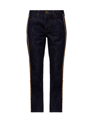 RAW INDIGO TRUCKERS MID WAIST JEAN WITH SIDE STRIPES