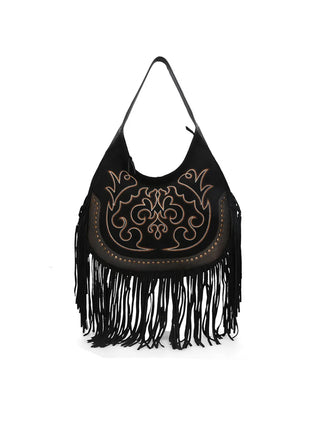Black Embroidered Fringe Hobo