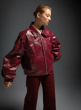 CUPIDO RED FAUX LEATHER BOMBER JACKET