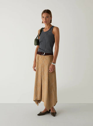 TYLA CAMEL EMBROIDERED MIDI SKIRT
