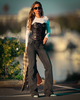 LEATHER STRAPLESS BUSTIER TOP - DARK CHOCOLATE