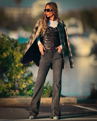 LEATHER STRAPLESS BUSTIER TOP - DARK CHOCOLATE