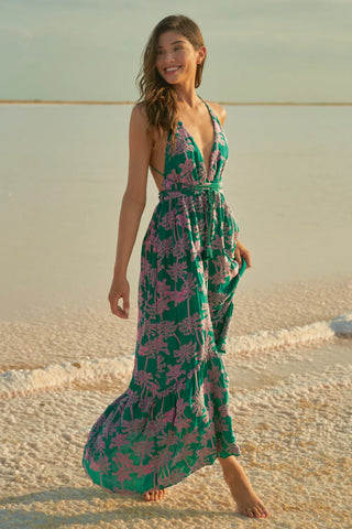 EMBROIDERED PALMS MOON BAY DRESS