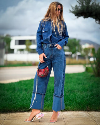 BAXTERS MID WAIST WIDE LEG DENIM JEANS - DEEP BLUE